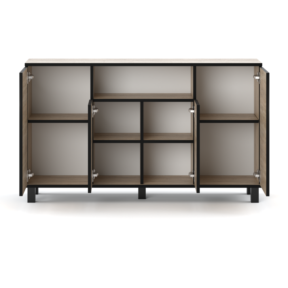 Komoda "BEST" - stylowa drewniana szafka z 4 drzwiami i kolorowym wykończeniem dąb Sonoma, idealna do każdego wnętrza