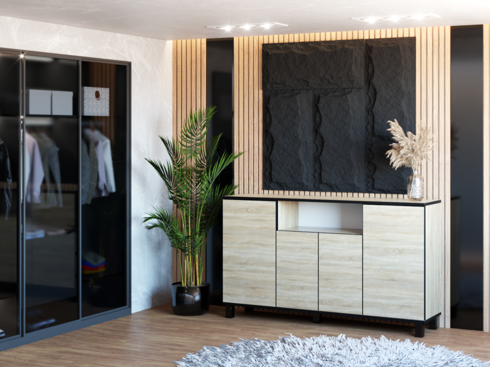 Komoda drewniana "BEST" o szerokości 140 cm - stylowe rozwiązanie z 4 drzwiami i kolorowym wykończeniem dąb Sonoma.